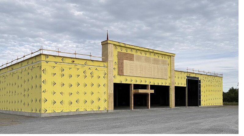 Commercial building exterior with sheathing installed