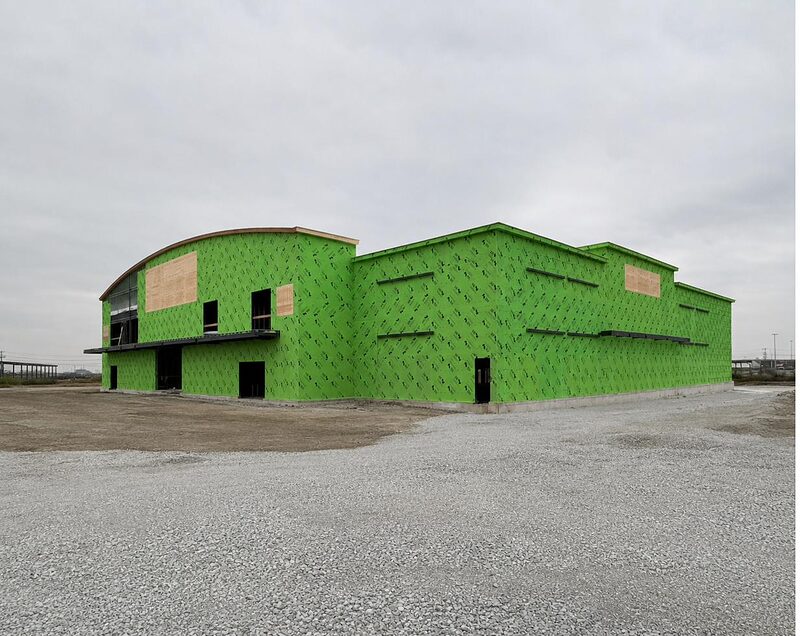 Commercial building exterior with sheathing complete