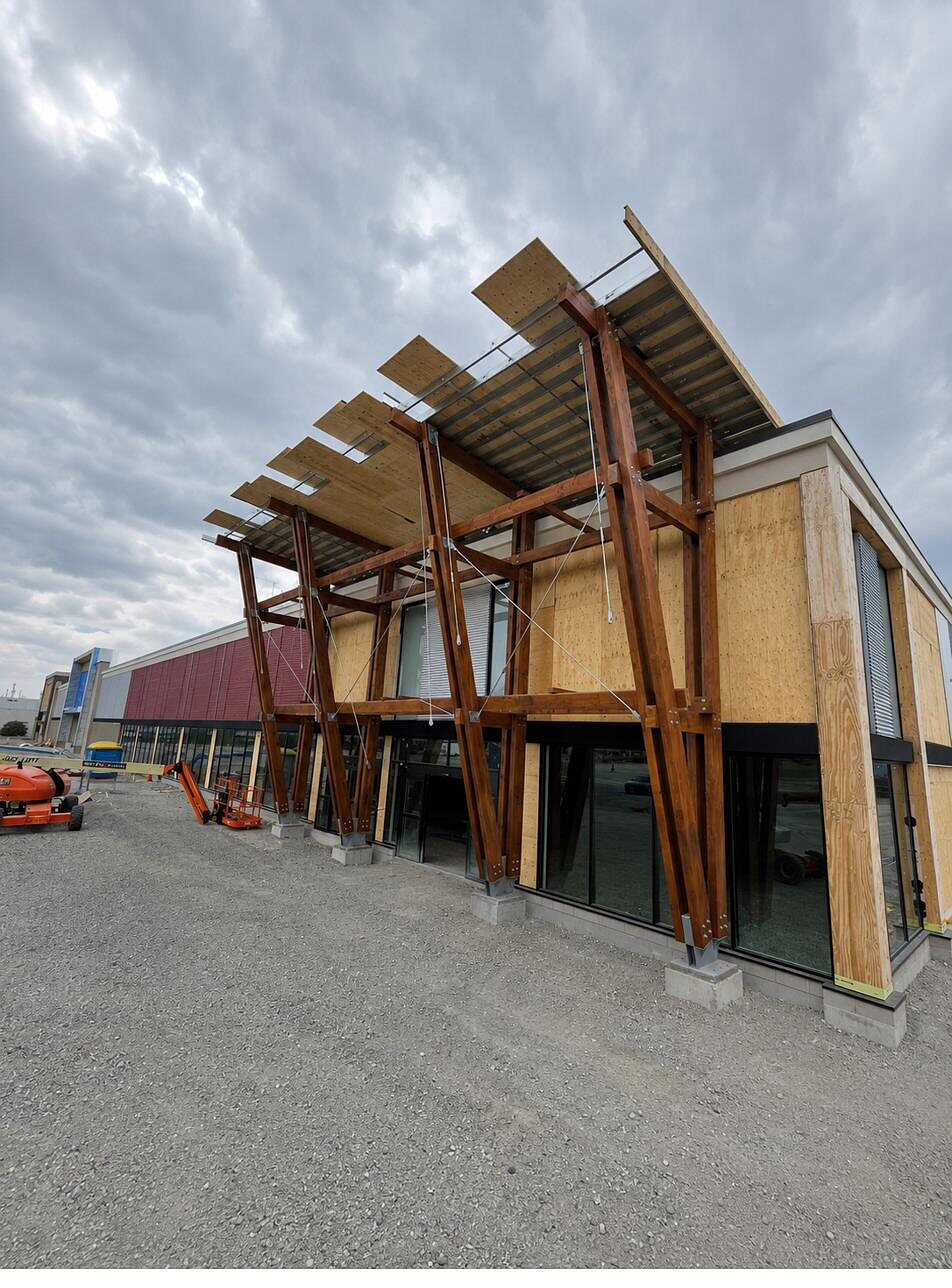 Commercial building exterior with feature canopy framing